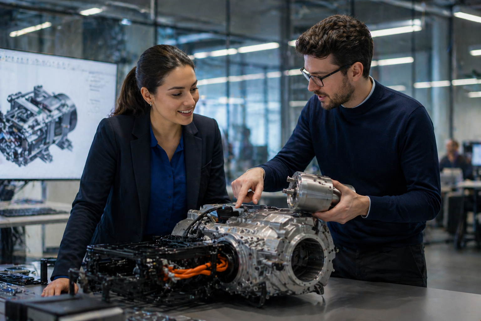 Team reviewing a drivetrain component